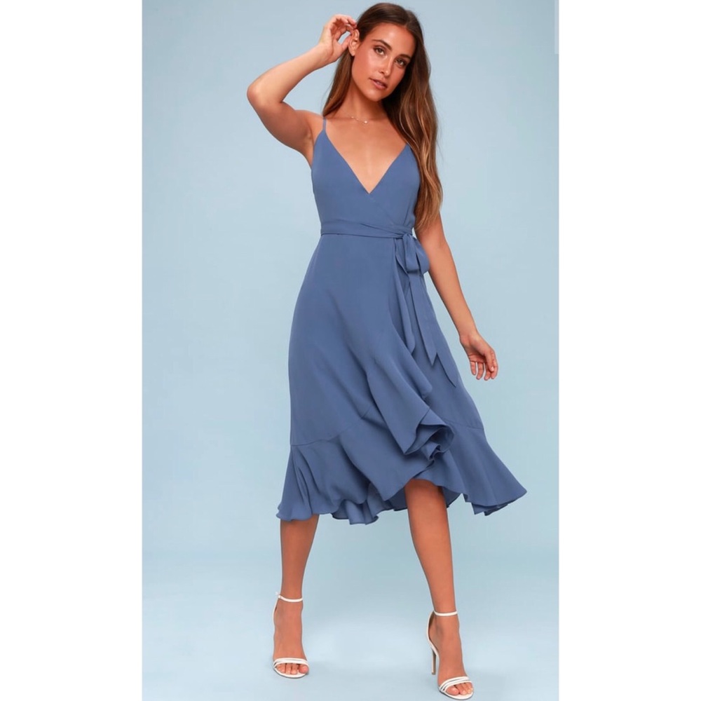 Blue Ruffled Midi Wrap Dress